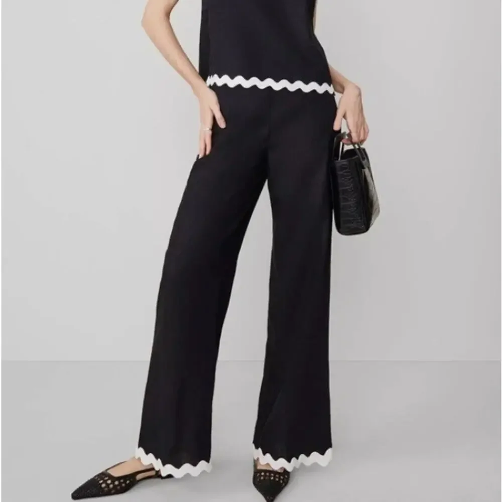 NWT Ann Taylor Linen Wide Leg Pants With Ricrac Scalloped Hem In Black Size 8 - Picture 1 of 10
